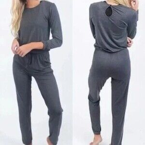 Zyia Active Size Medium Gray Athleisure Loungewear Stretch Long Sleeve Jumpsuit